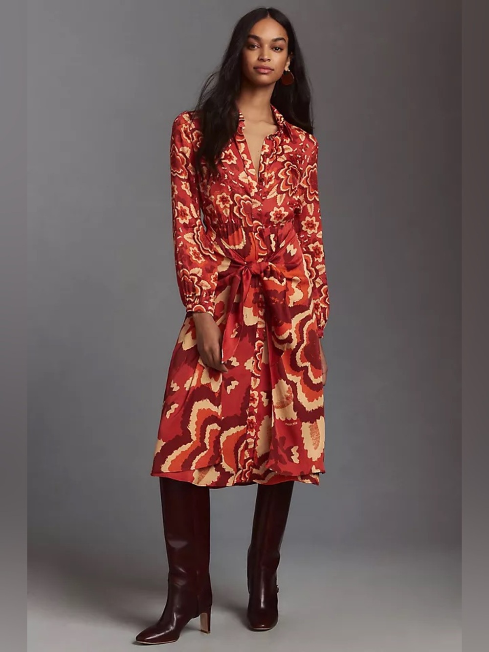 Farm Rio Anthropologie Orange Floral Button Midi Long Sleeve V Neck Shirt Dress